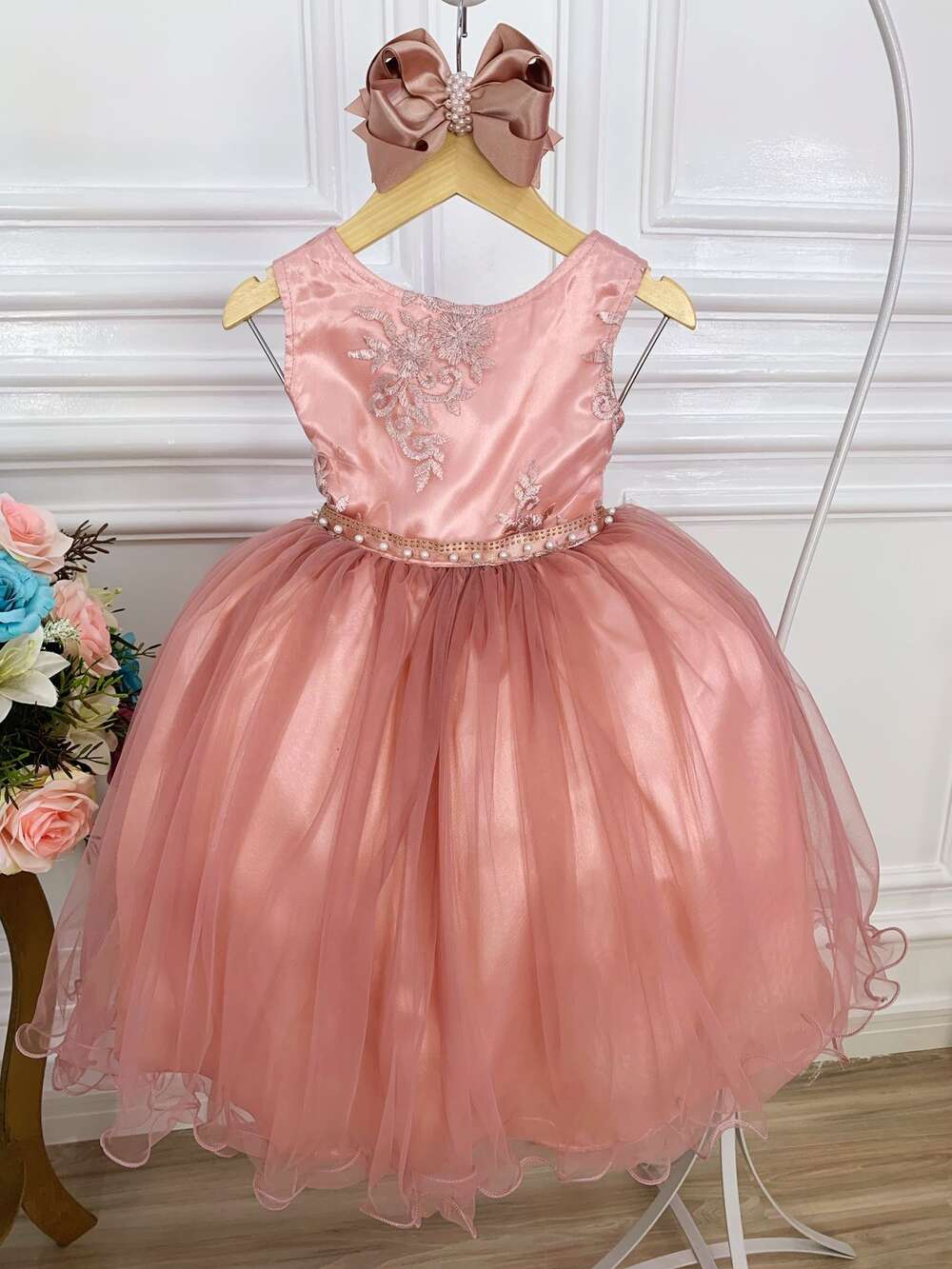 Vestido Infantil Rose Damas de Honra Cinto Pérola Strass