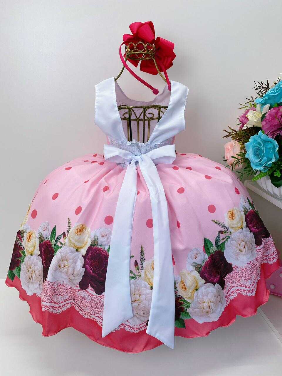 Vestido Infantil Rosa Floral Cinto Pérolas e Strass no Peito