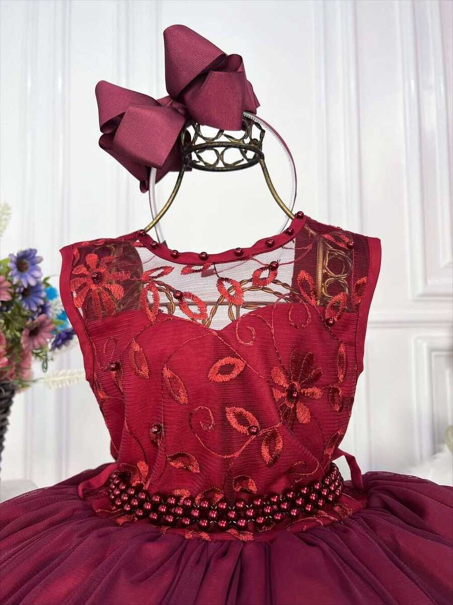 Vestido Infantil Marsala C/ Renda e Cinto de Pérolas Damas