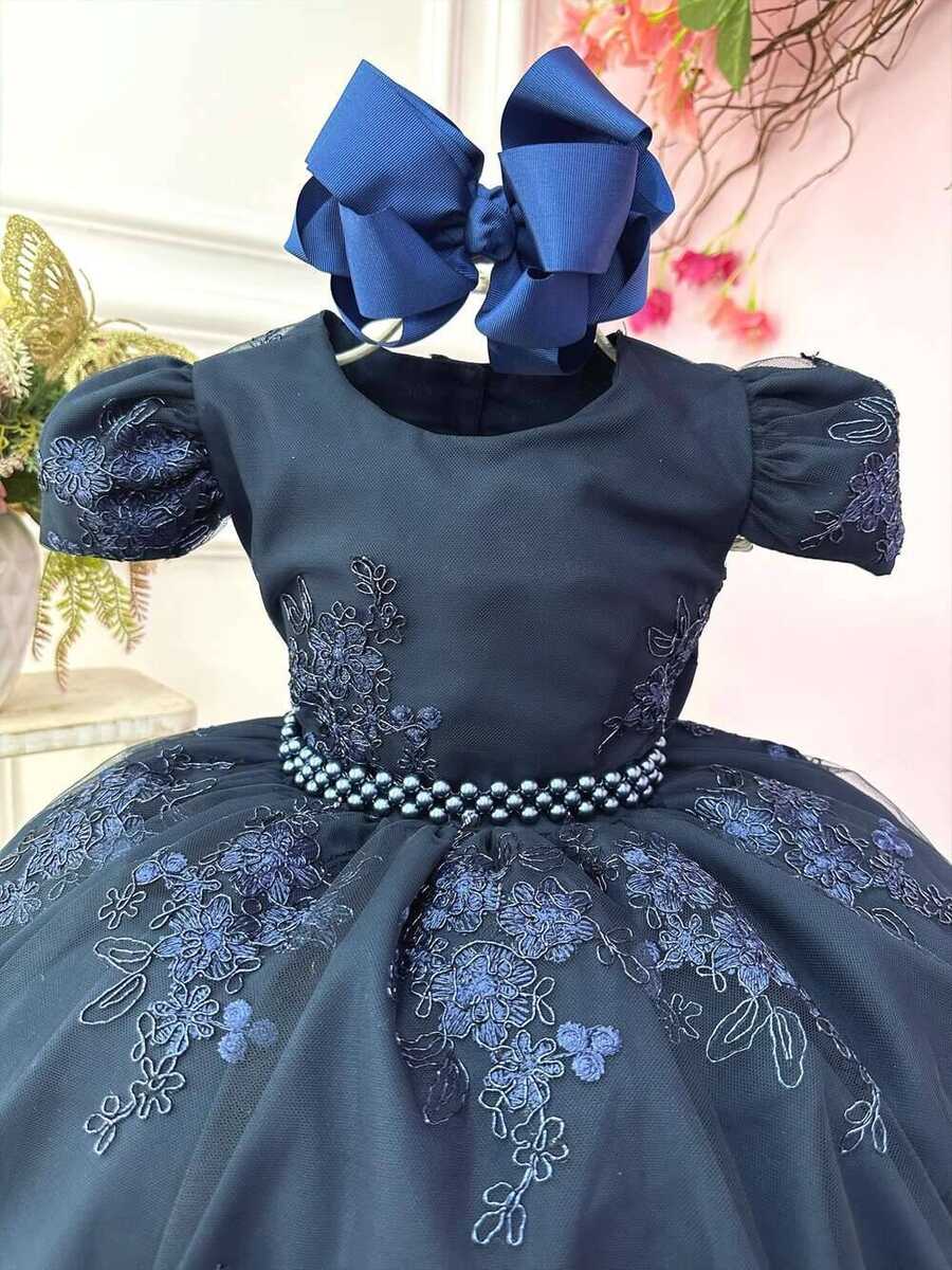 Vestido Infantil Azul Marinho C/ Renda Realeza Cinto Pérolas