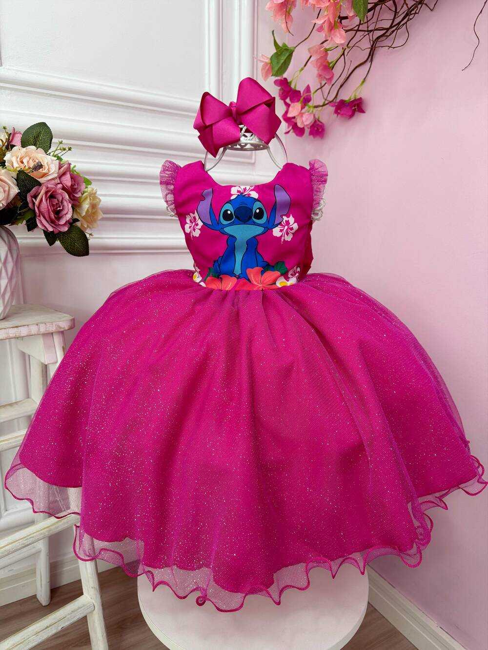 Vestido Infantil Lilo Stitch Pink C/ Cinto de Perolas Festas