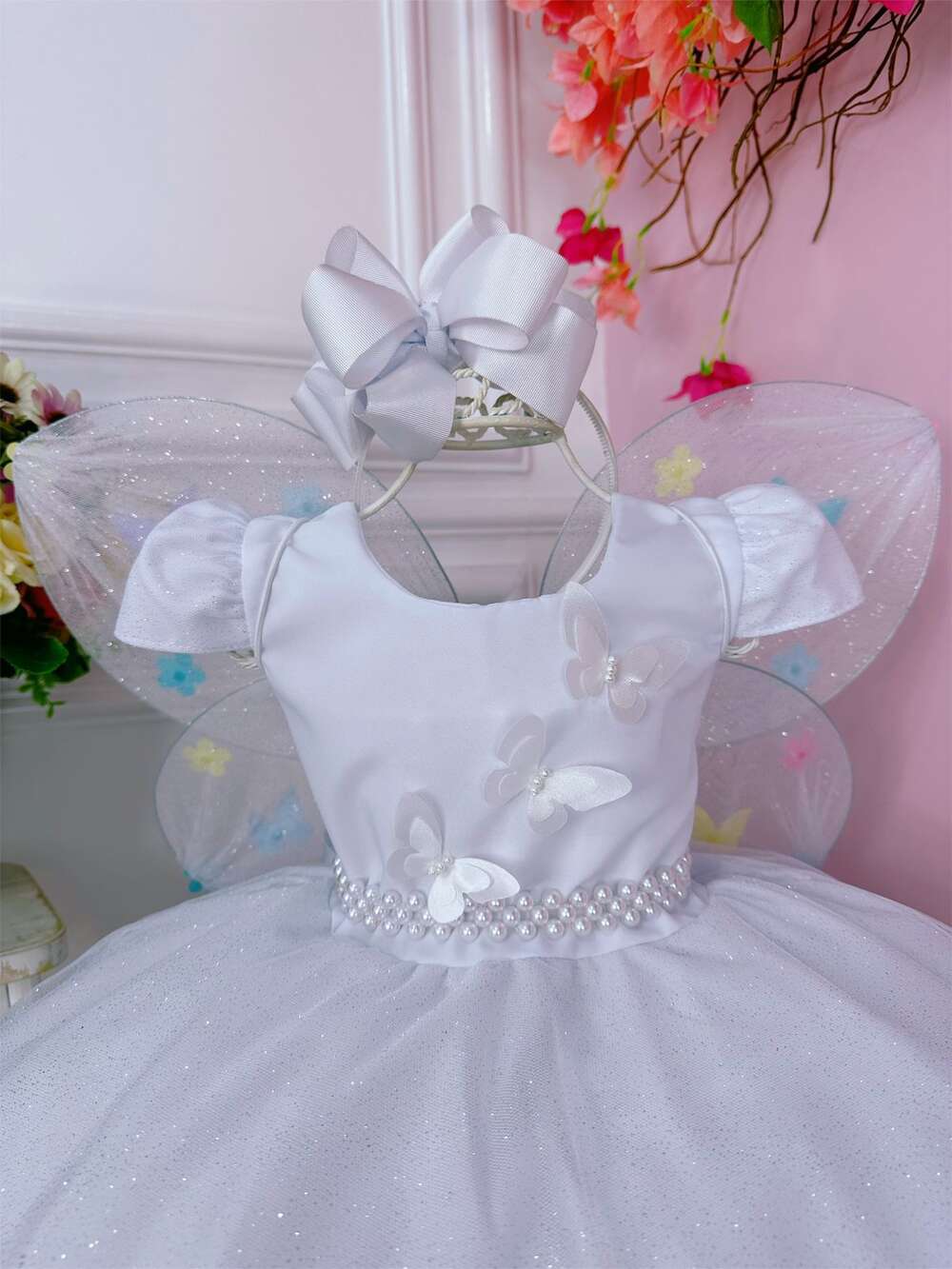 Vestido Infantil Branco C/ Glitter e Aplique de Borboletas