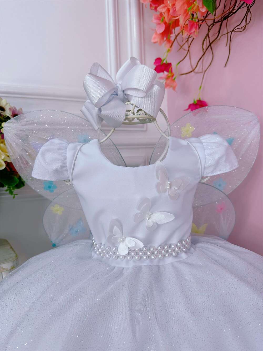 Vestido Infantil Branco C/ Glitter e Aplique de Borboletas