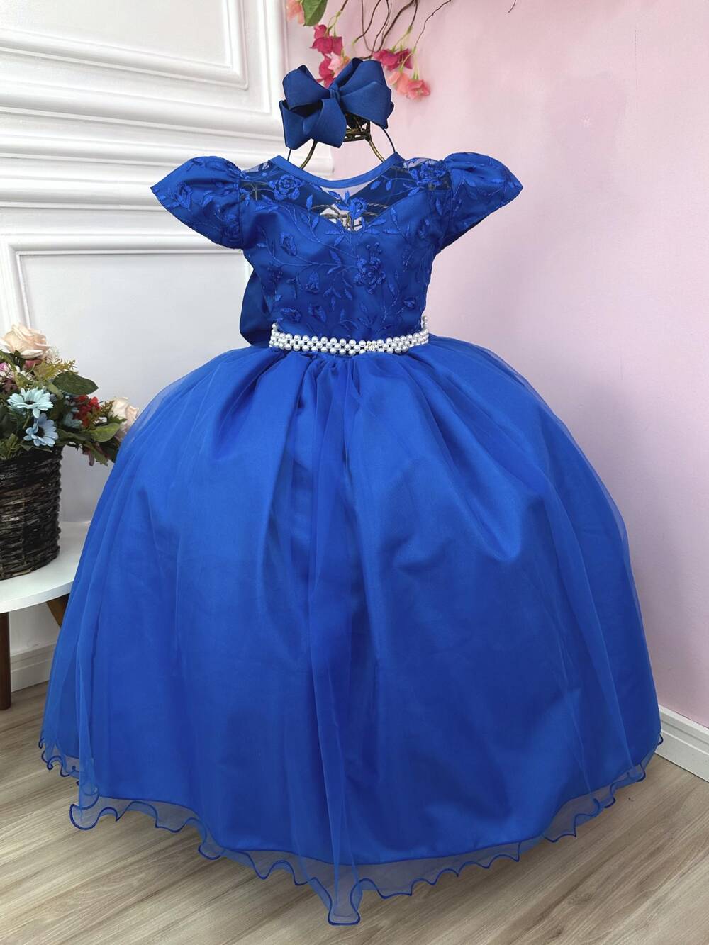 Vestido Infantil Dama Honra Azul Royal Casamento Renda