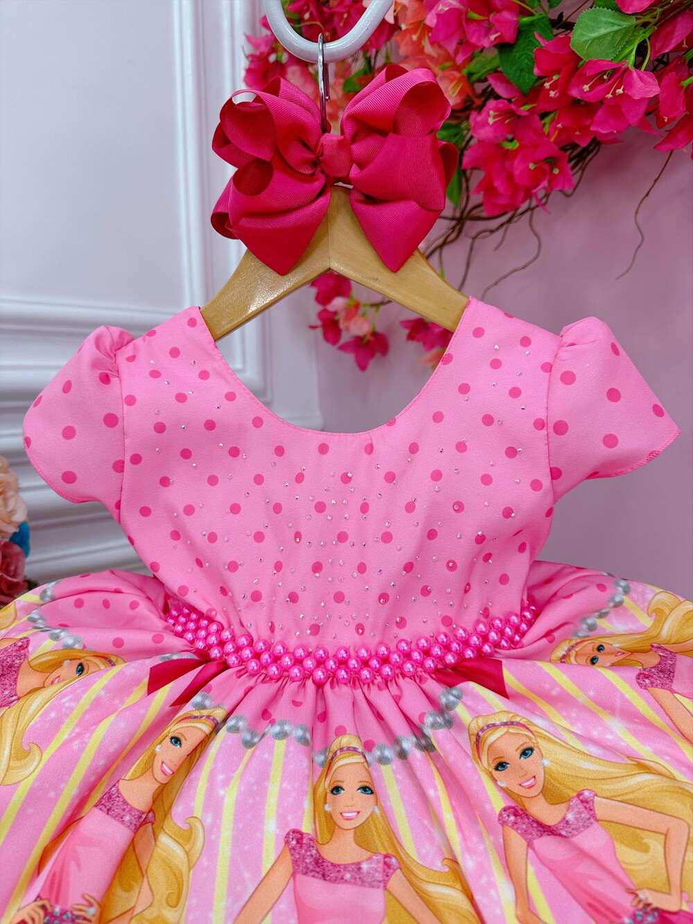 Vestido Infantil Barbie Rosa e Pink Peito C/ Strass Pérolas