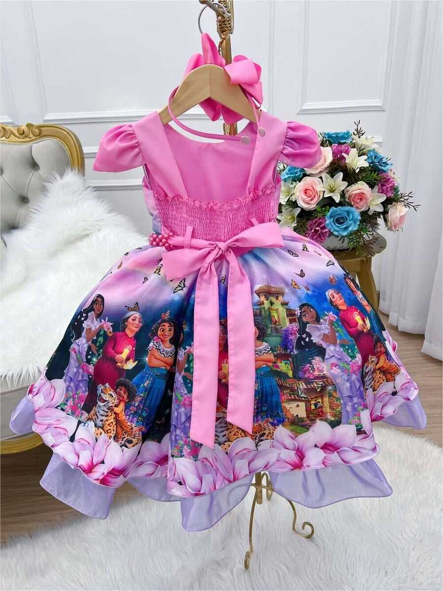 Vestido Infantil Encanto Rosa Chiclete Cinto Pérolas Mirabel