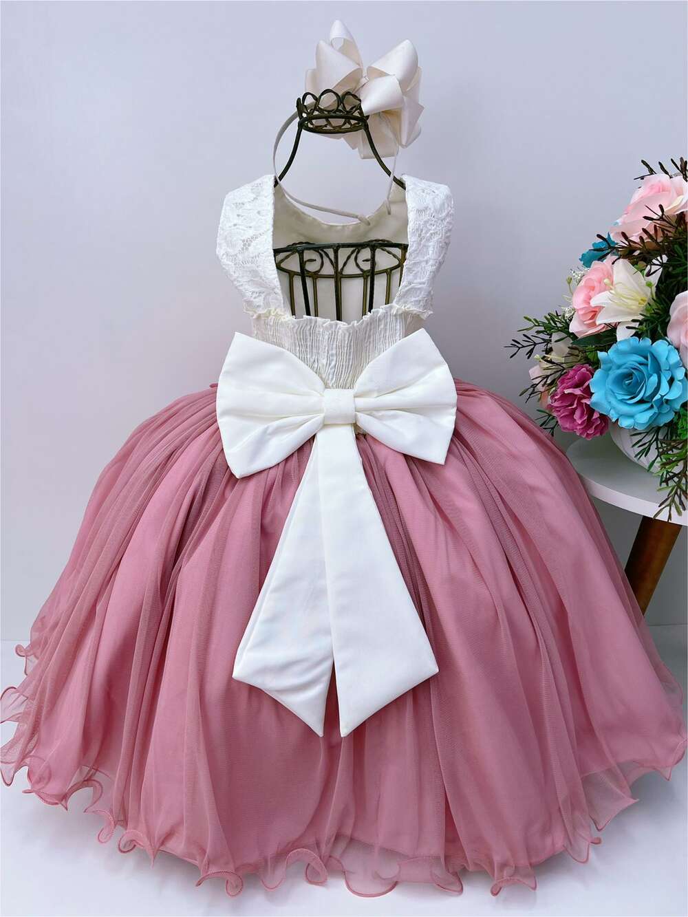 Vestido Infantil Marfim Saia Rose Aplique Flores Pérolas