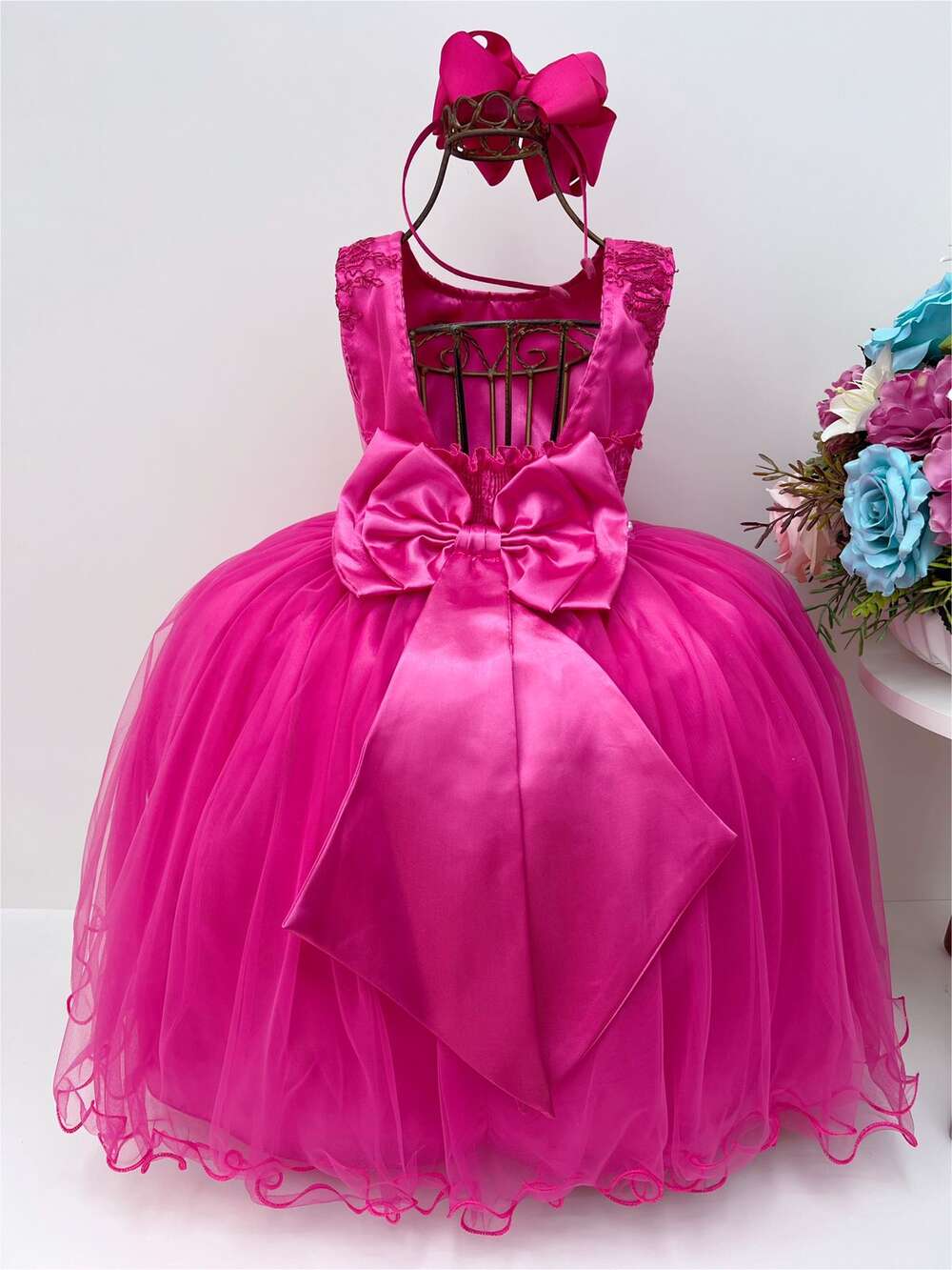 Vestido Infantil Pink Renda Cinto de Pérolas Strass