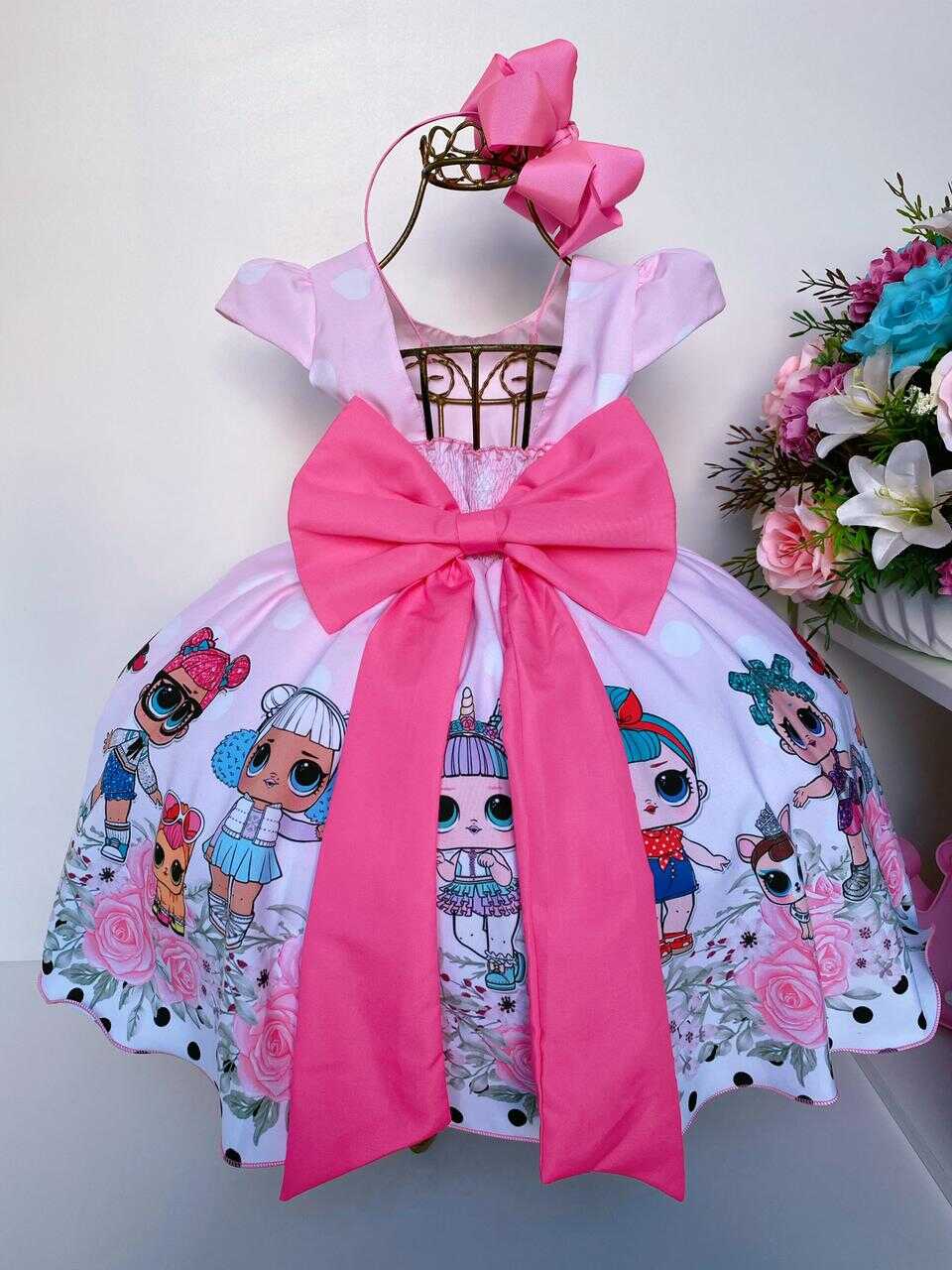 Vestido Infantil Rosa Lol Floral Bolas Brancas Aplique Flor