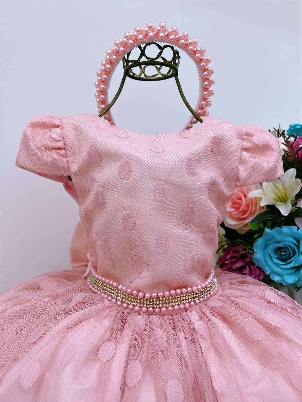 Vestido Infantil Nude Tule Com Bolinhas Strass e Pérolas