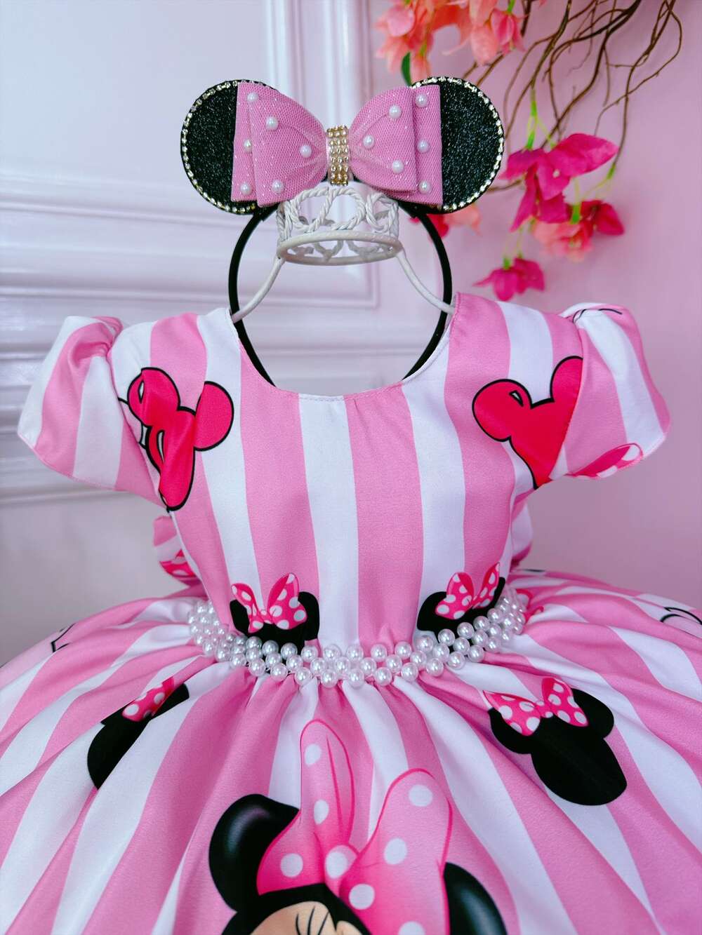 Vestido Infantil Minnie Rosa C/ Listras Cinto de Pérolas