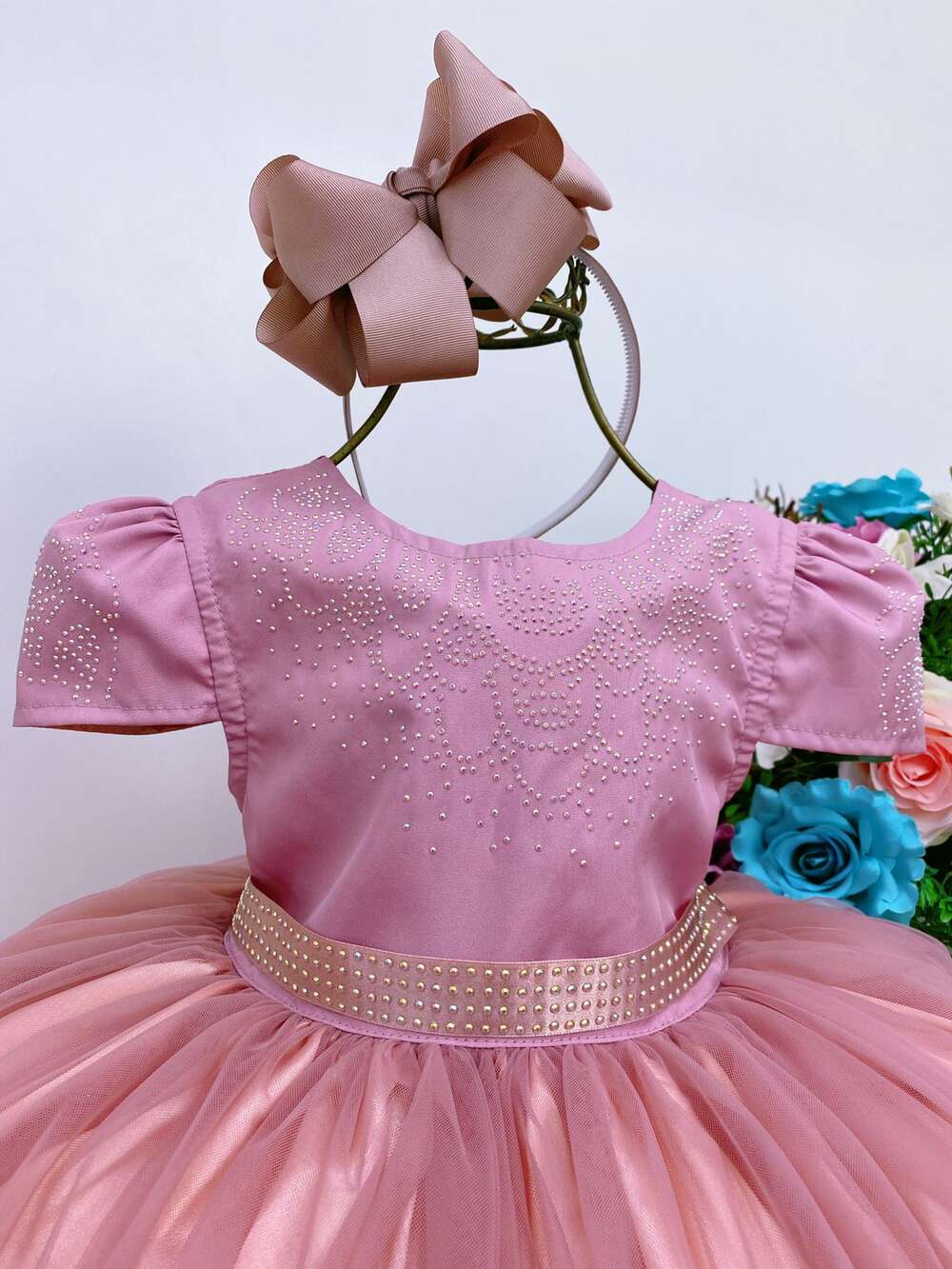 Vestido Infantil Rose Peito C/ Strass Damas Luxo Mangas