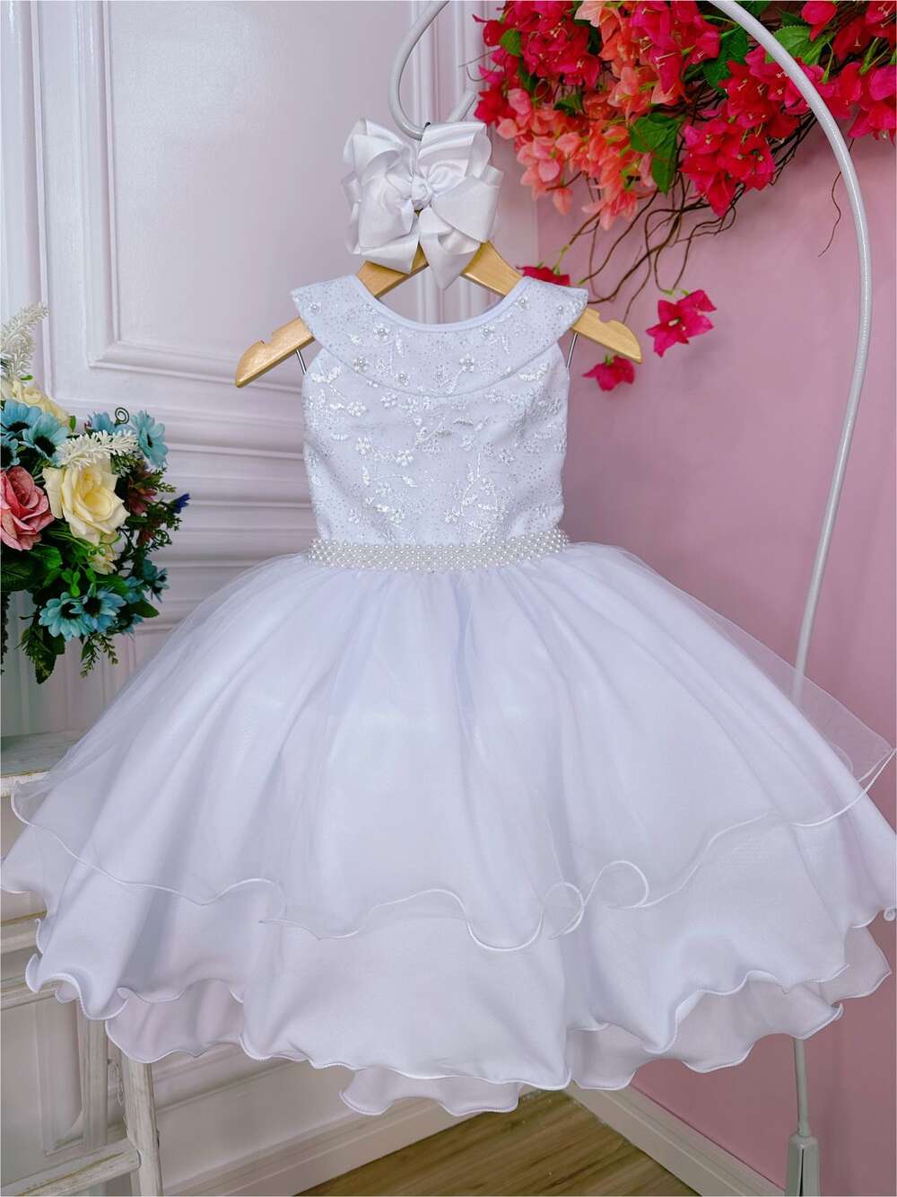 Vestido Infantil Branco C/ Renda Glitter e Cinto de Pérolas