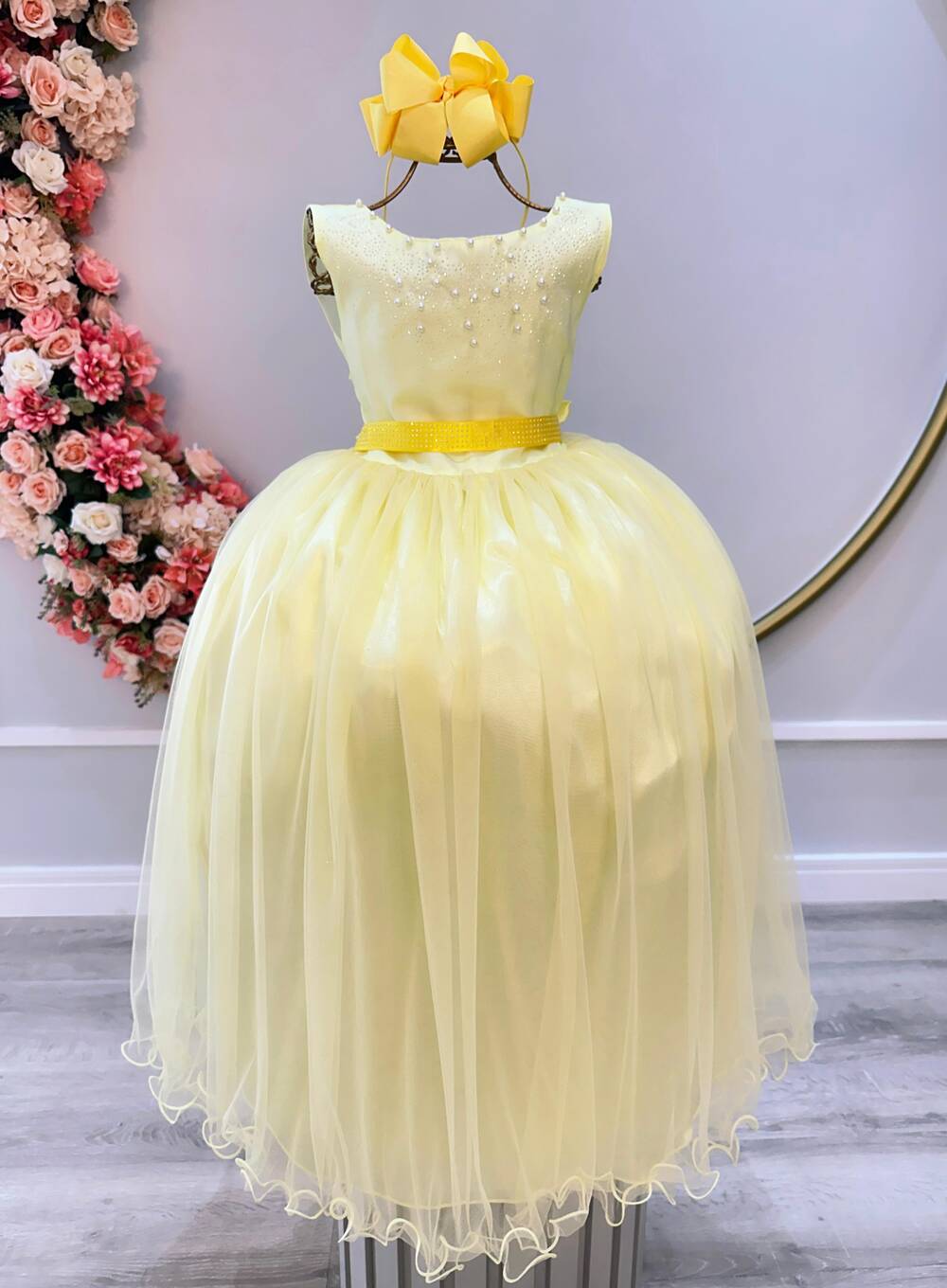 Vestido Infantil Amarelo Damas de Honra Longo Strass Pérolas