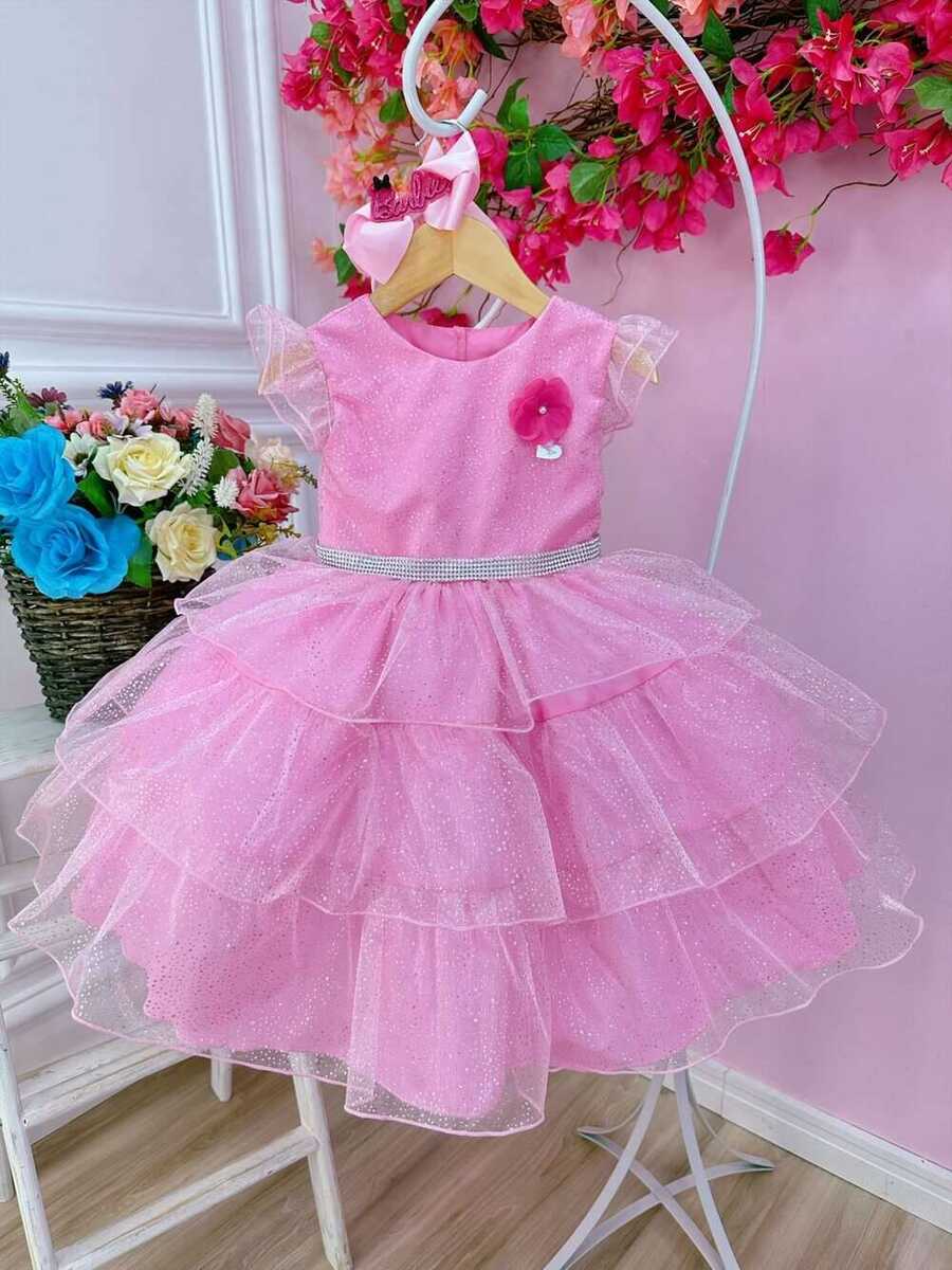 Vestido Infantil Barbie Rosa Glitter Cinto Strass Broche Flor