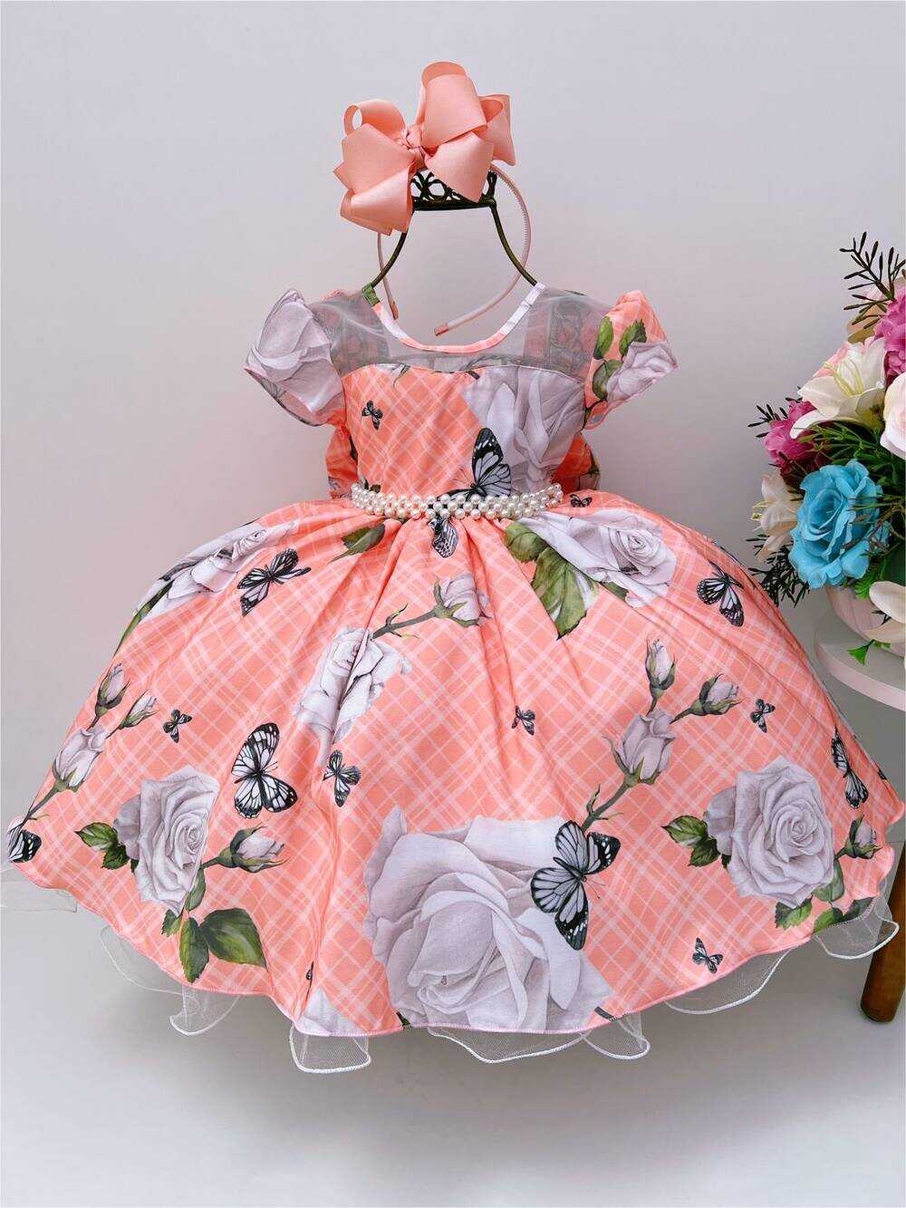 Vestido Infantil Salmão Floral Luxo Cinto Pérolas Festa