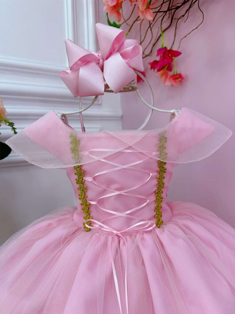 Vestido Infantil Princesa Aurora Com Busto Trançado