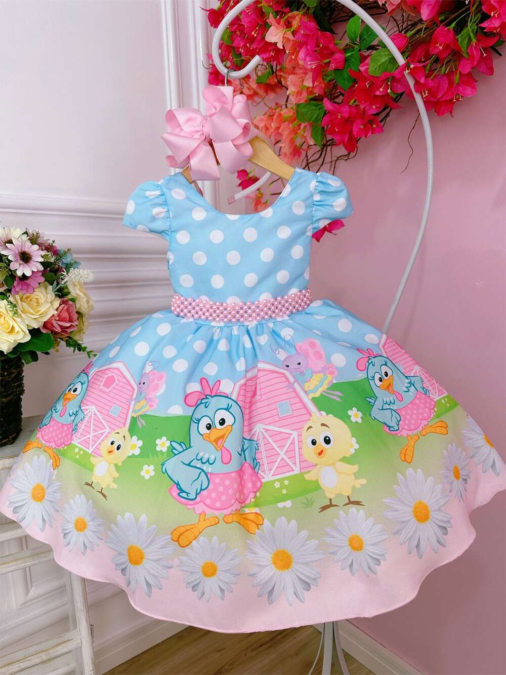 Vestido Infantil Galinha Pintadinha Azul C/ Cinto Pérolas