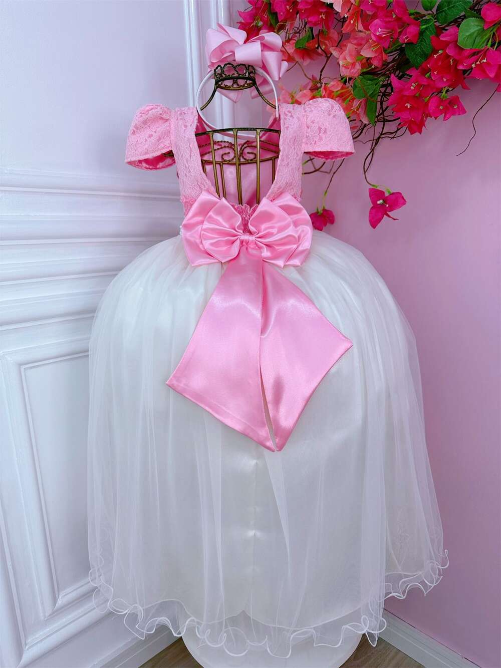 Vestido Infantil Rosa C/ Renda e Saia Off White Damas Longo