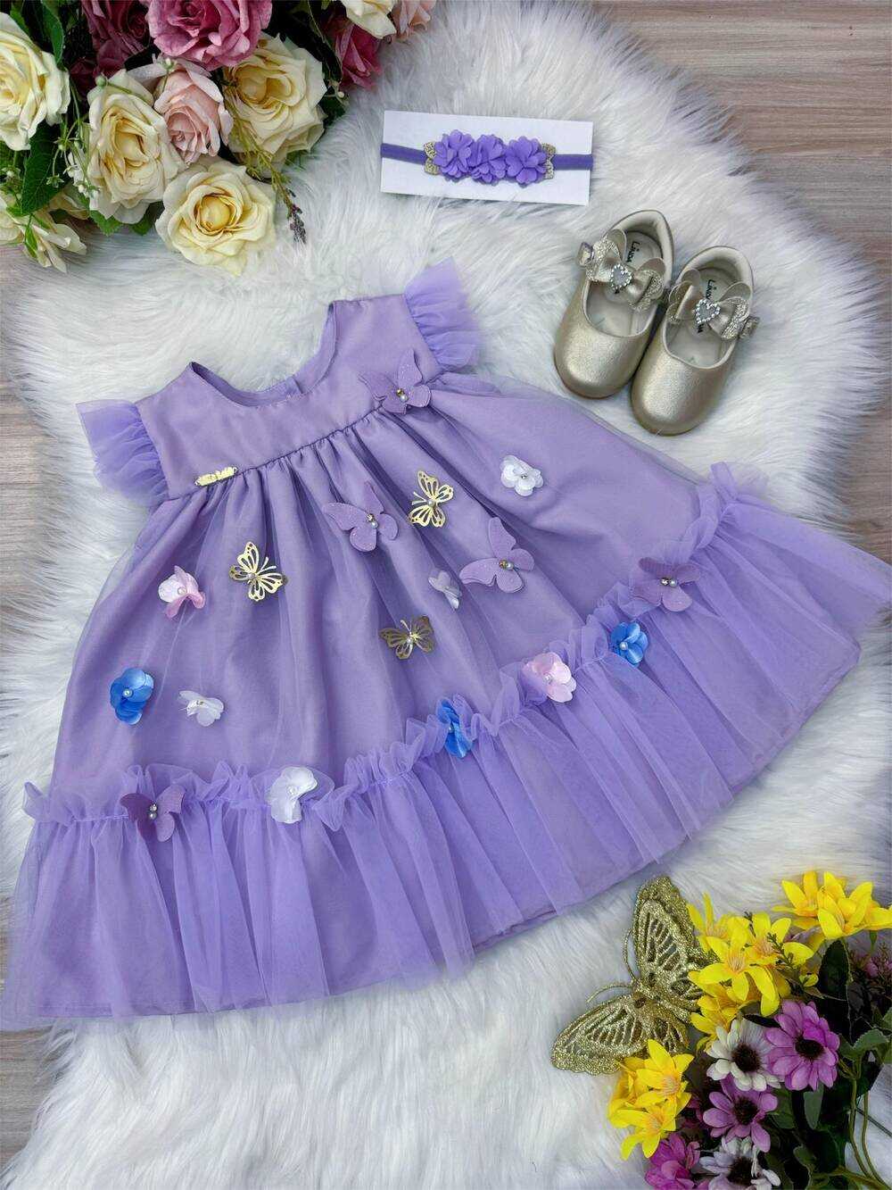 Vestido Infantil Bebê Lilás Jardim Encantado Luxo