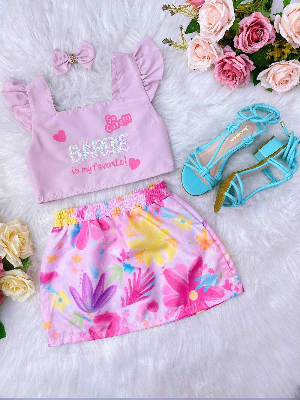 Conjunto Infantil da Barbie Rosa C/ Saia Colorido e Laço