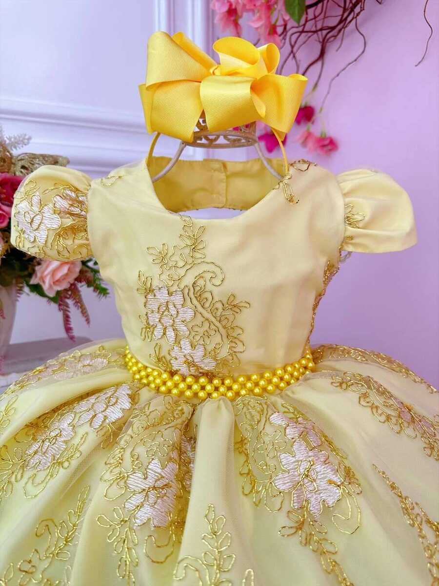 Vestido Infantil Amarelo C/ Renda Realeza Cinto Pérolas