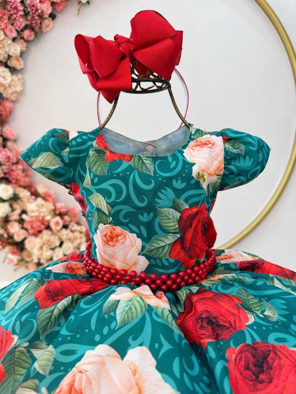 Vestido Infantil Verde Florido Com Cinto de Pérolas Natal