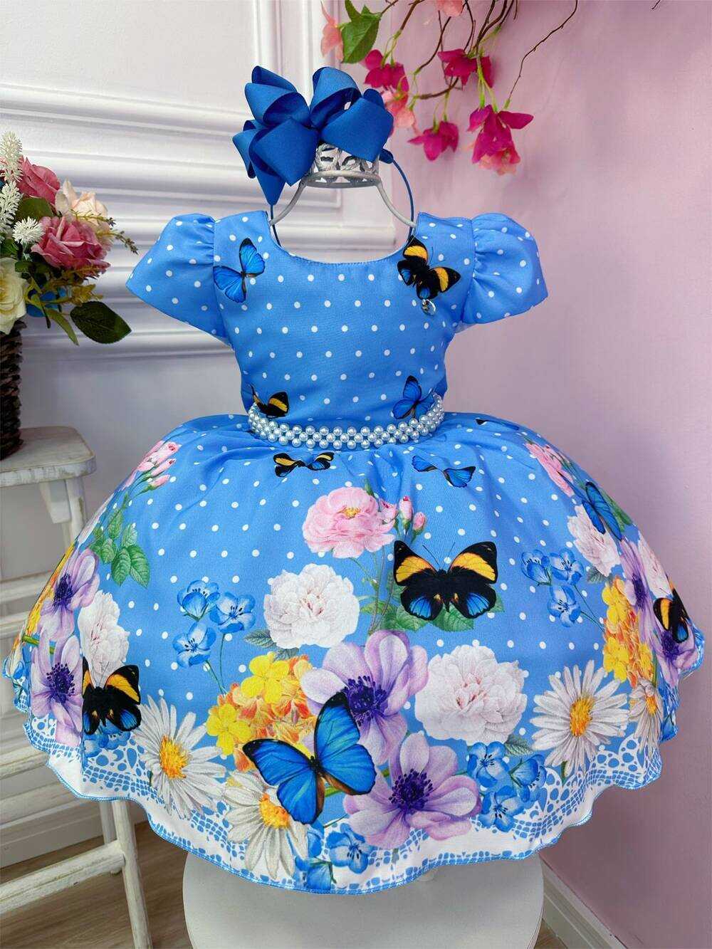 Vestido Infantil Azul Bolinhas Jardim das Borboletas Pérolas