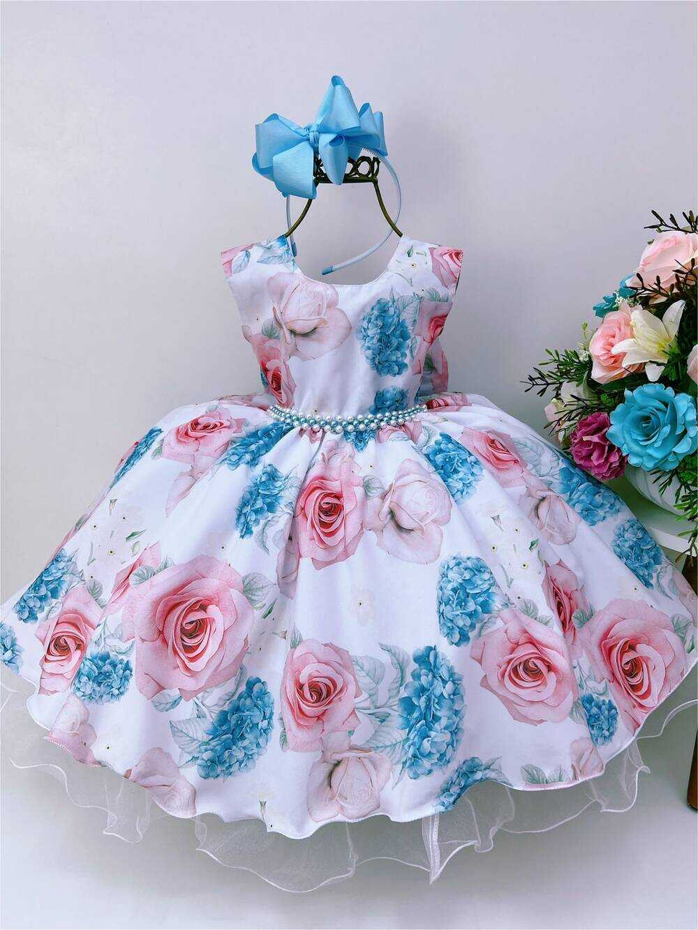 Vestido Infantil Branco Jardim das Flores Cinto Pérolas Luxo