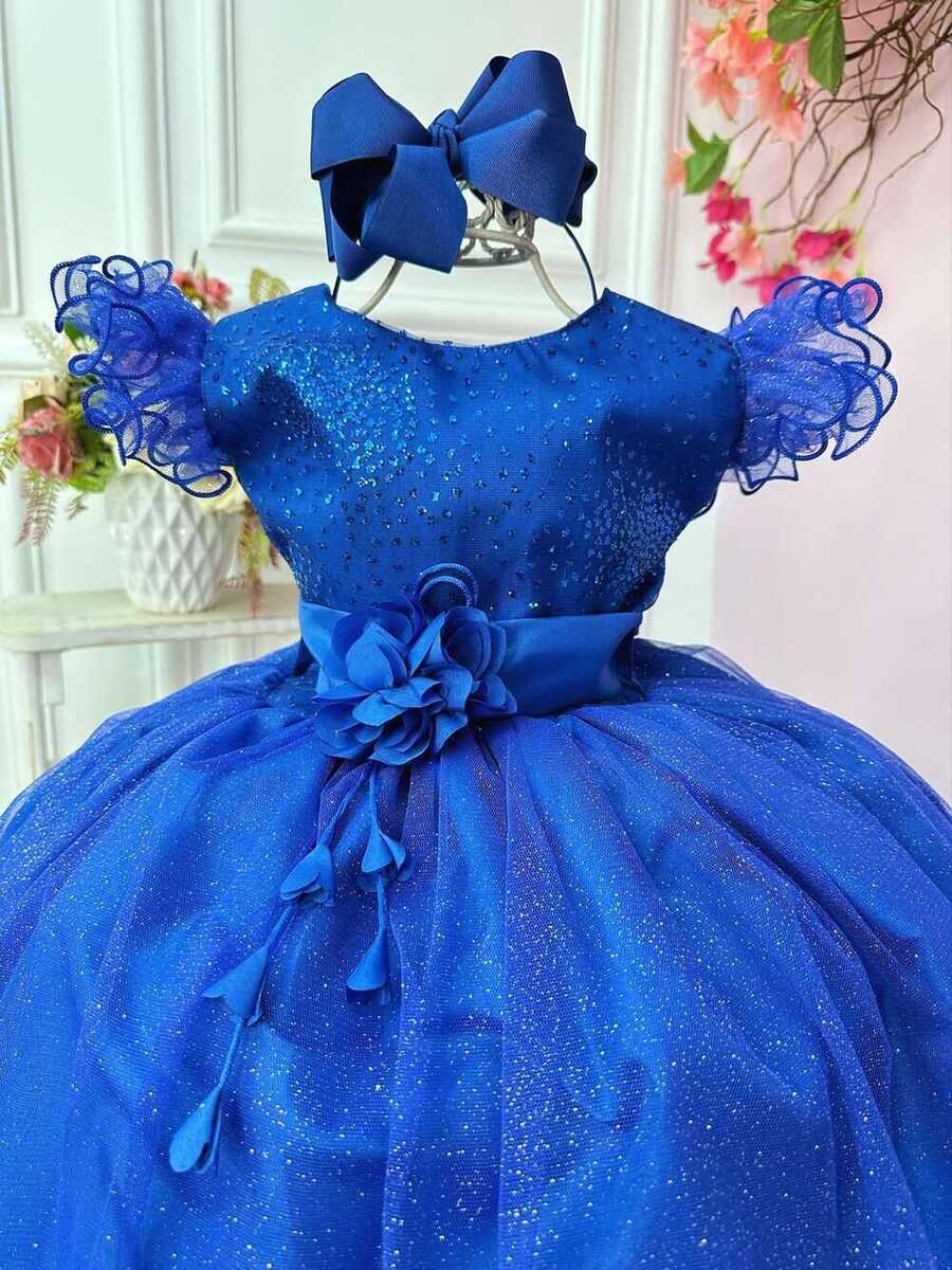 Vestido Infantil Azul Royal Com Glitter e Broche de Flor Luxo