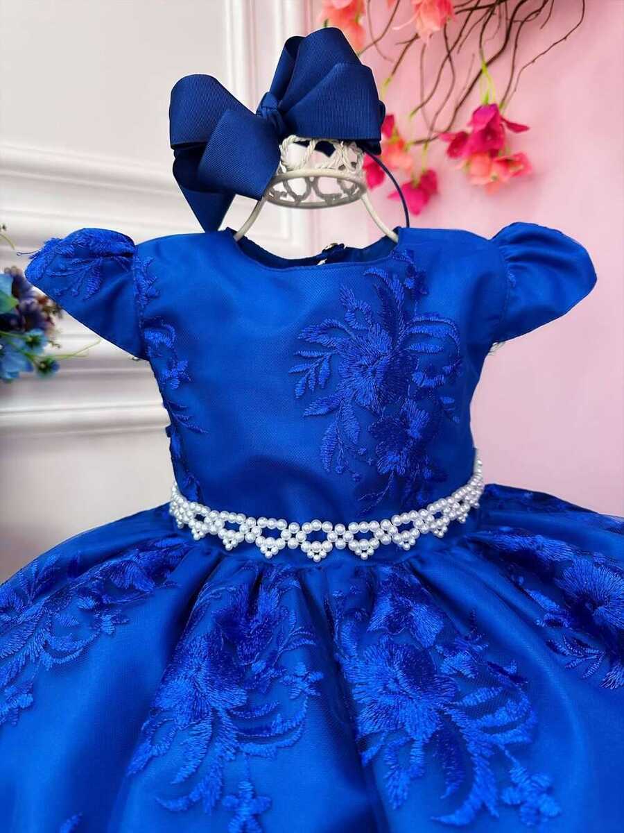 Vestido Infantil Azul Royal C/ Renda Realeza Cinto Pérolas