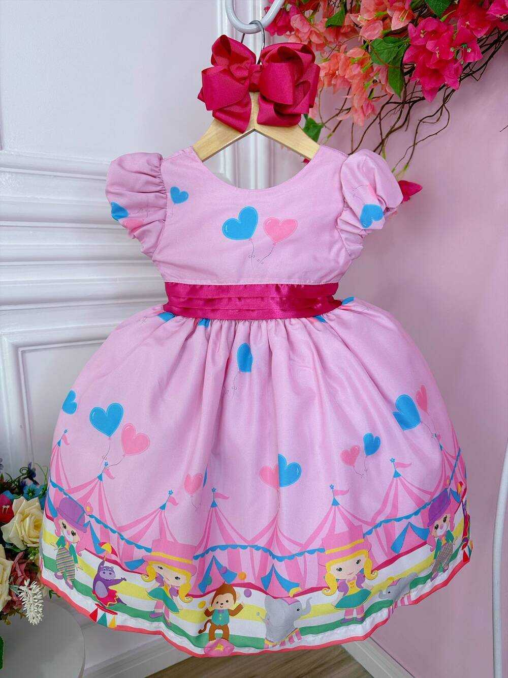 Vestido Infantil Rosa Circo Corações Laço Pink Super Luxo