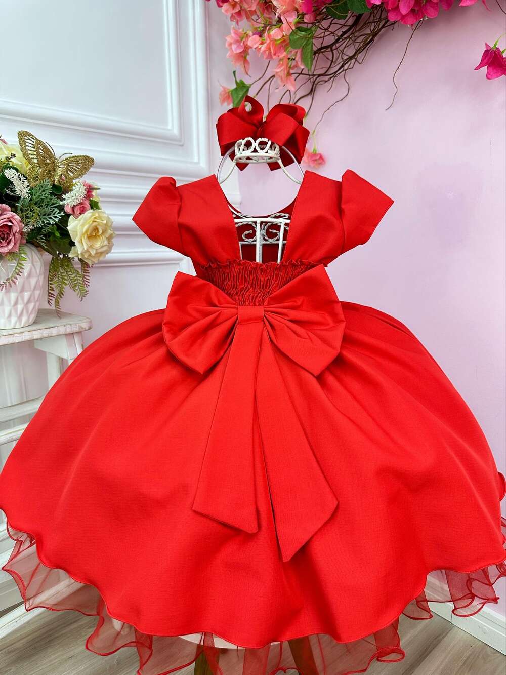 Vestido Infantil Vermelho Com Aplique de Laço Damas Luxo