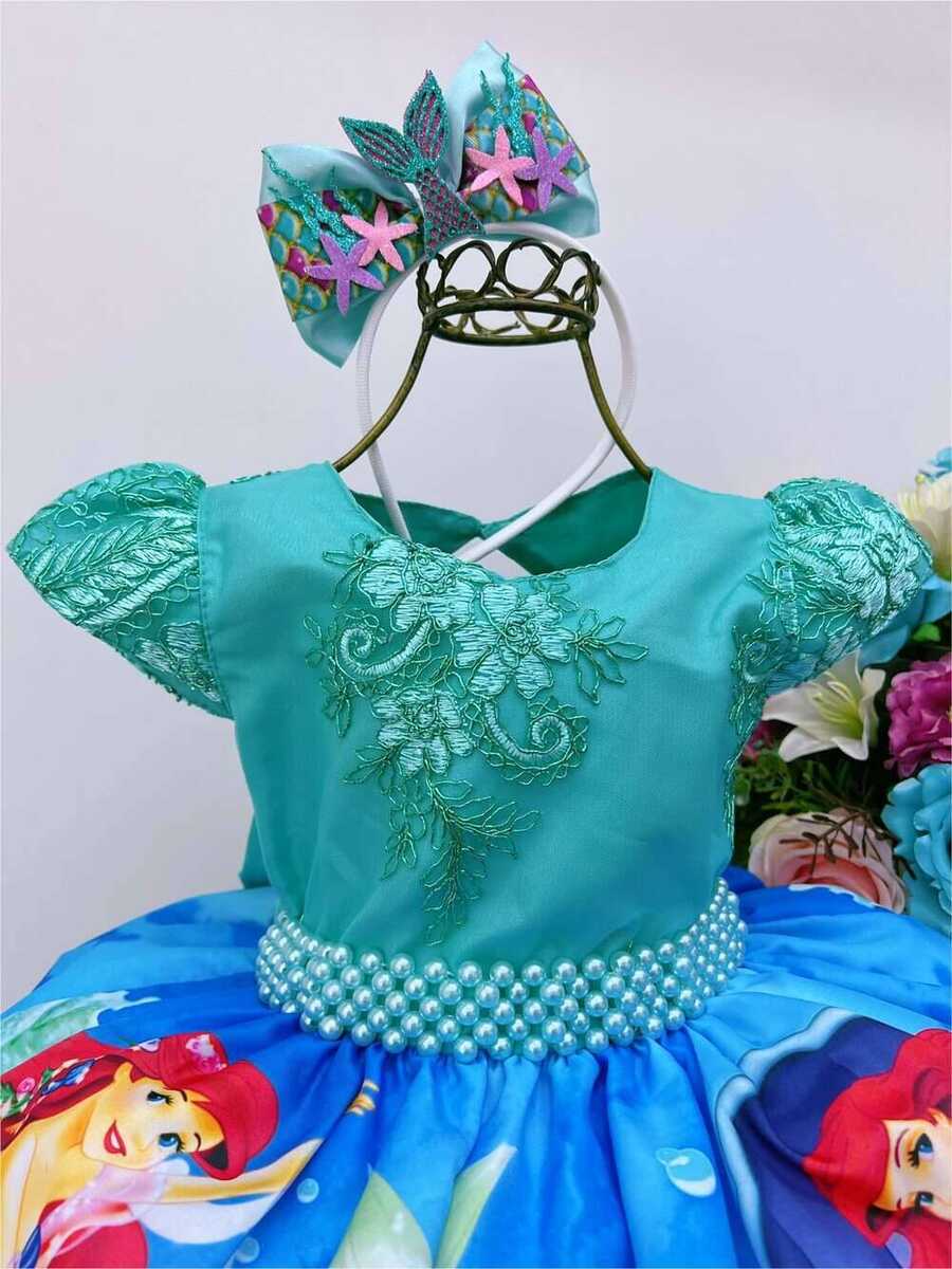 Vestido Infantil Princesa Ariel Verde Renda C/ Cinto Pérolas