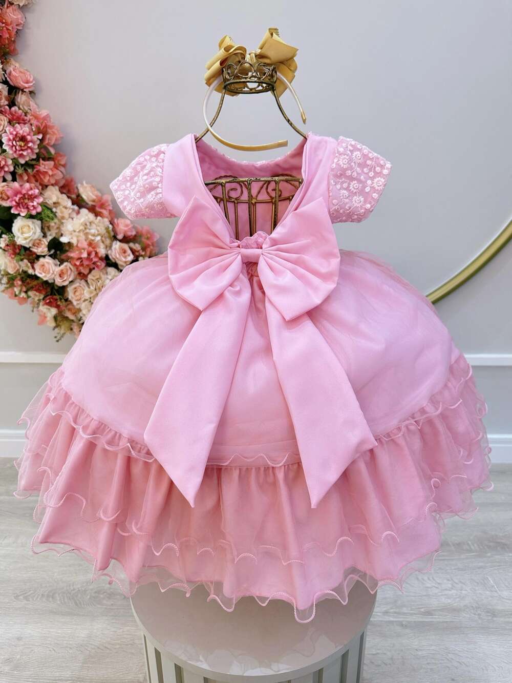 Vestido Infantil Rosa C/ Renda e Cinto de Pérolas Festas Luxo