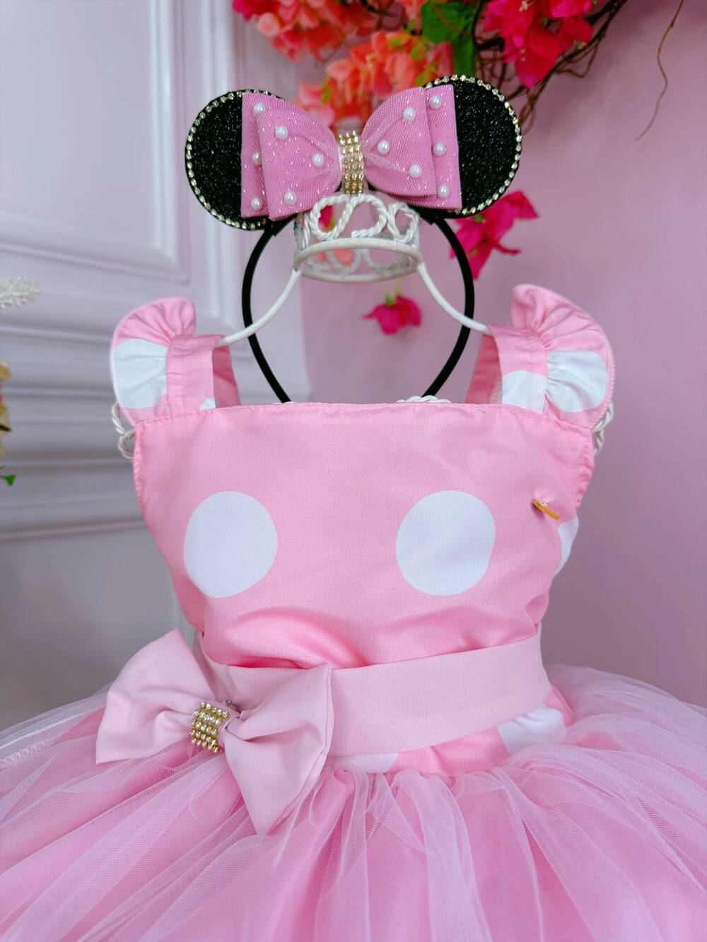 Vestido Infantil Rosa Bolinhas C/ Broche Strass Luxo