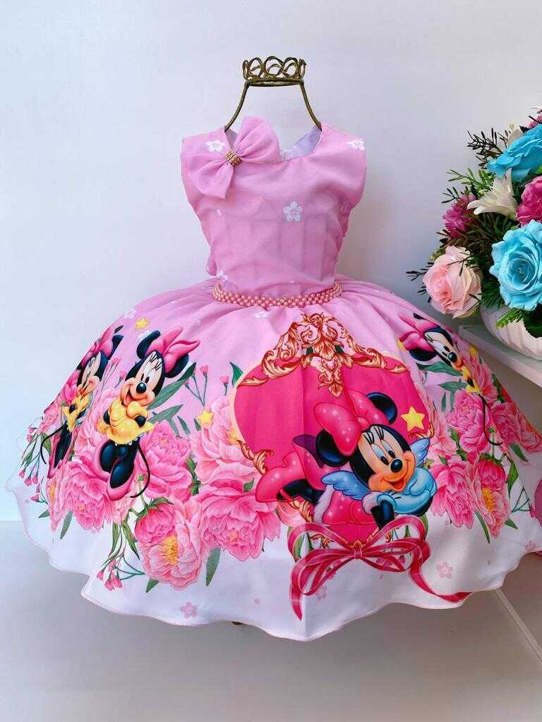 Vestido Infantil Minnie Rosa Floral Luxo Com Laço