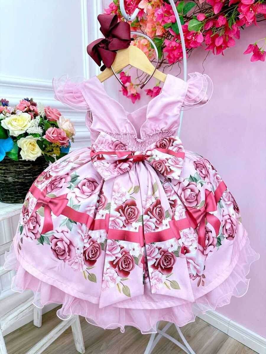 Vestido Infantil Rosa Florido Busto Nervura Cinto de Pérolas