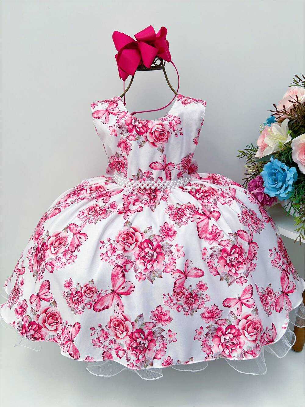 Vestido Infantil Rosa Bebê Jardim das Borboletas com Pérolas