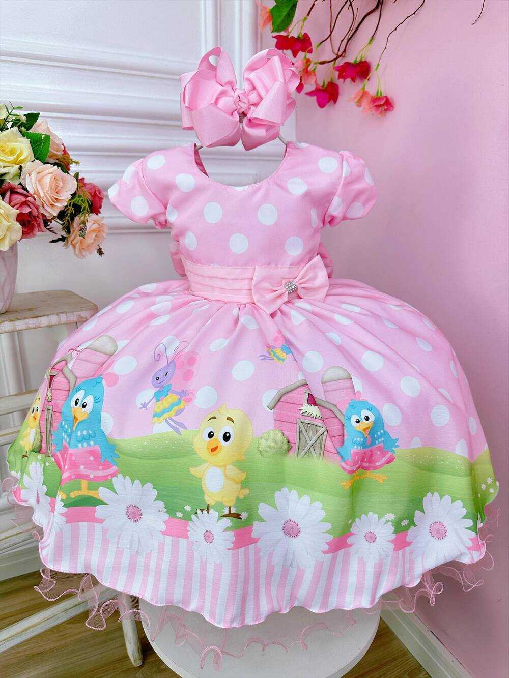 Vestido Infantil Galinha Pintadinha Rosa Bolinhas Brancas