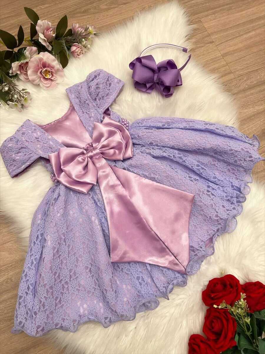 Vestido Infantil Realeza Lilás Renda e Pérolas Festa Luxo