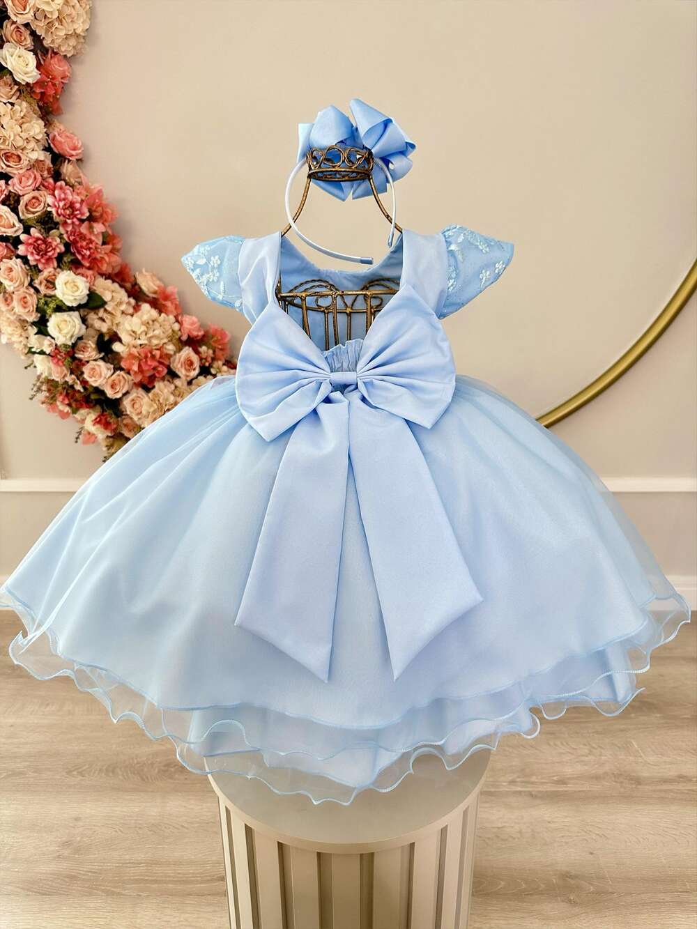 Vestido Infantil Azul Bebê C/ Renda e Cinto de Pérolas Festas