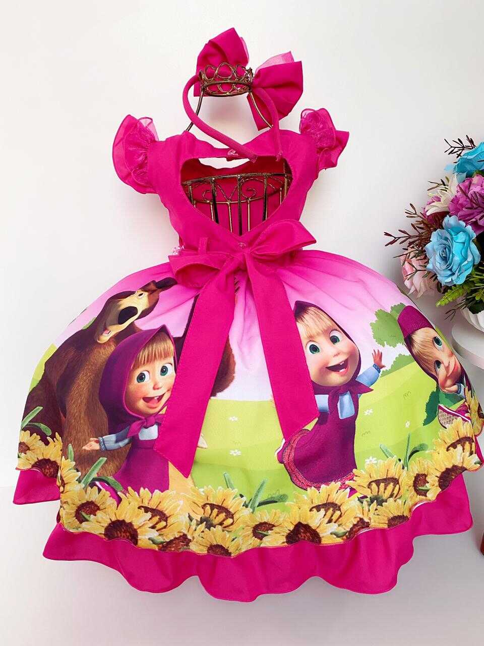 Vestido Infantil Masha e o Urso Luxo Flores com Tiara