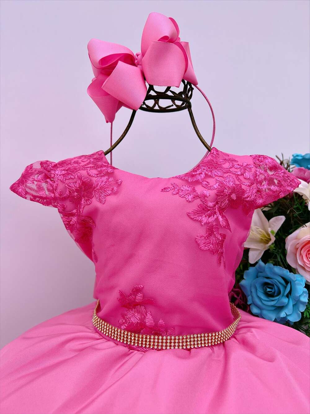 Vestido Infantil Rosa Chiclete Renda Cinto Strass Luxo Damas