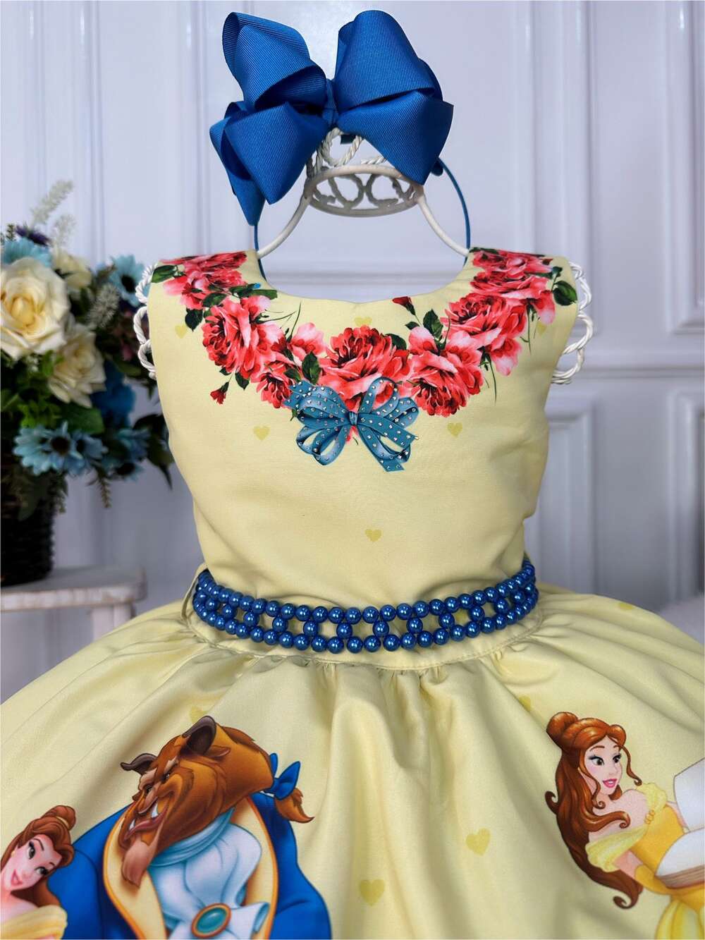 Vestido Infantil Princesa Bela e a Fera Amarelo C/ Pérolas