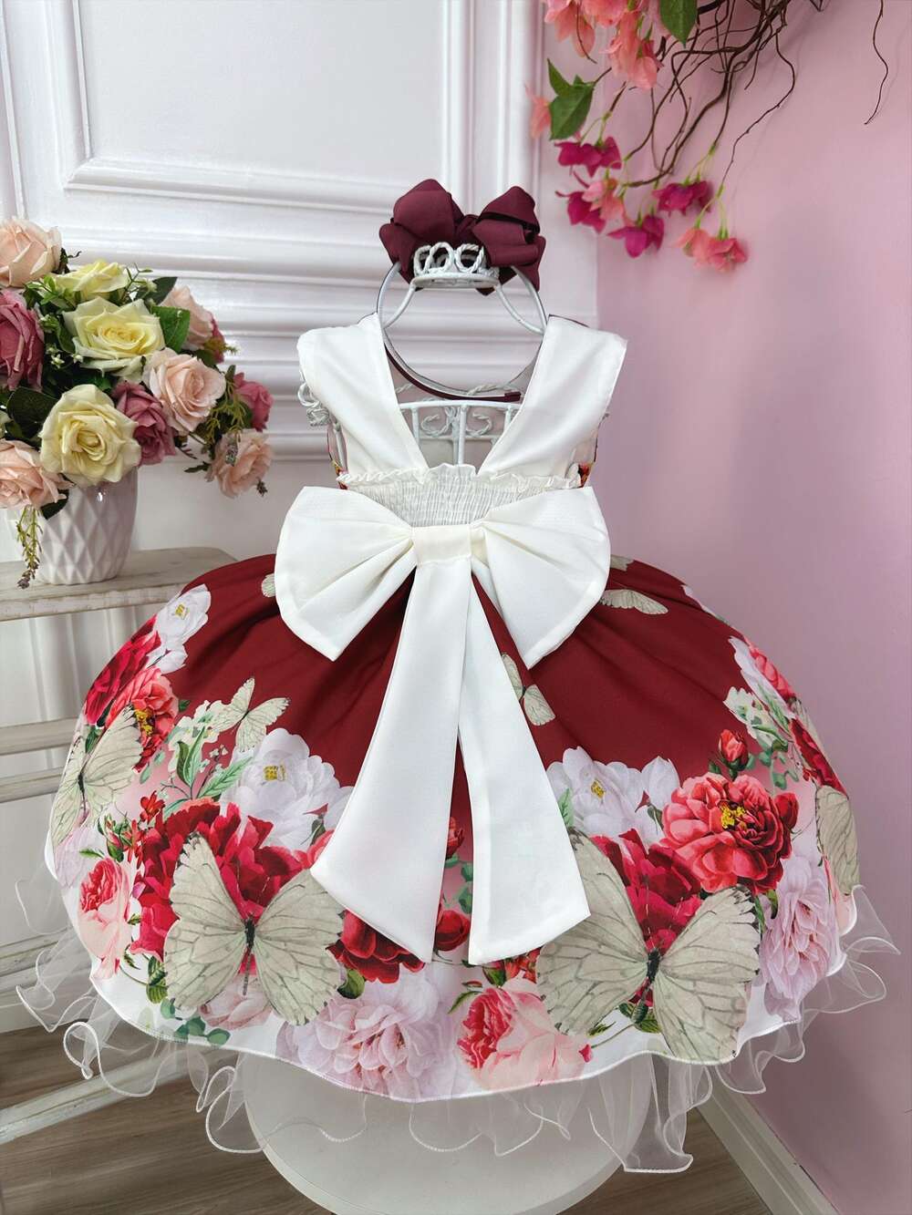 Vestido Infantil Marsala Jardim Das Borboletas Damas Floral