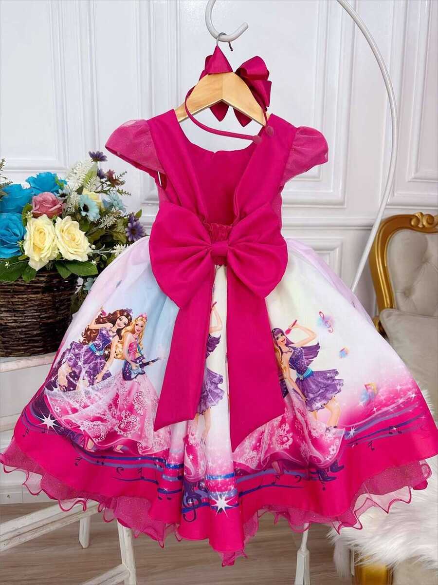 Vestido Infantil Princesa Festa da Barbie Pink Peito Glitter