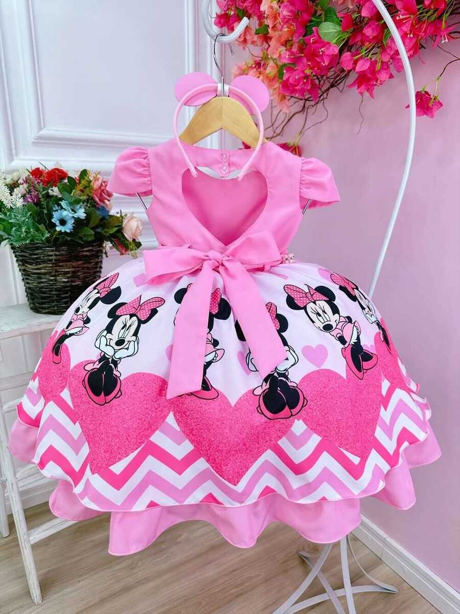 Vestido Infantil Minnie Rosa Cinto de Pérolas C/ Tiara