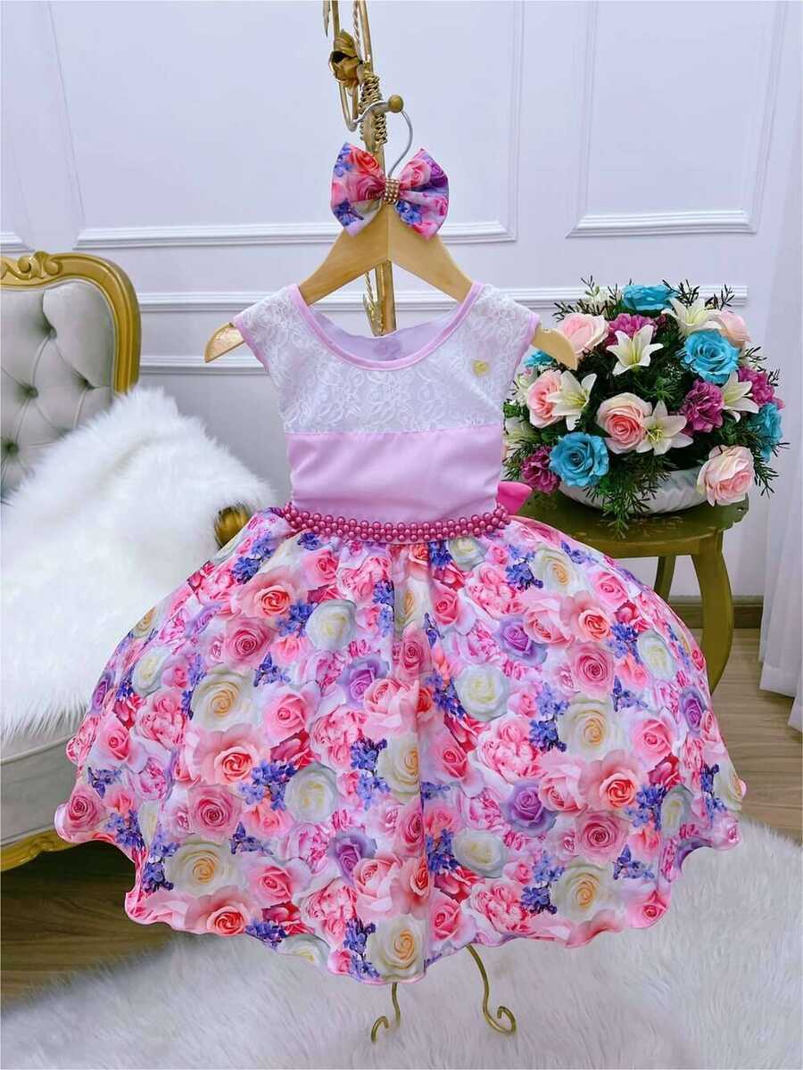 Vestido Infantil Rosa Florido C/ Laço e Cinto Pérolas Luxo