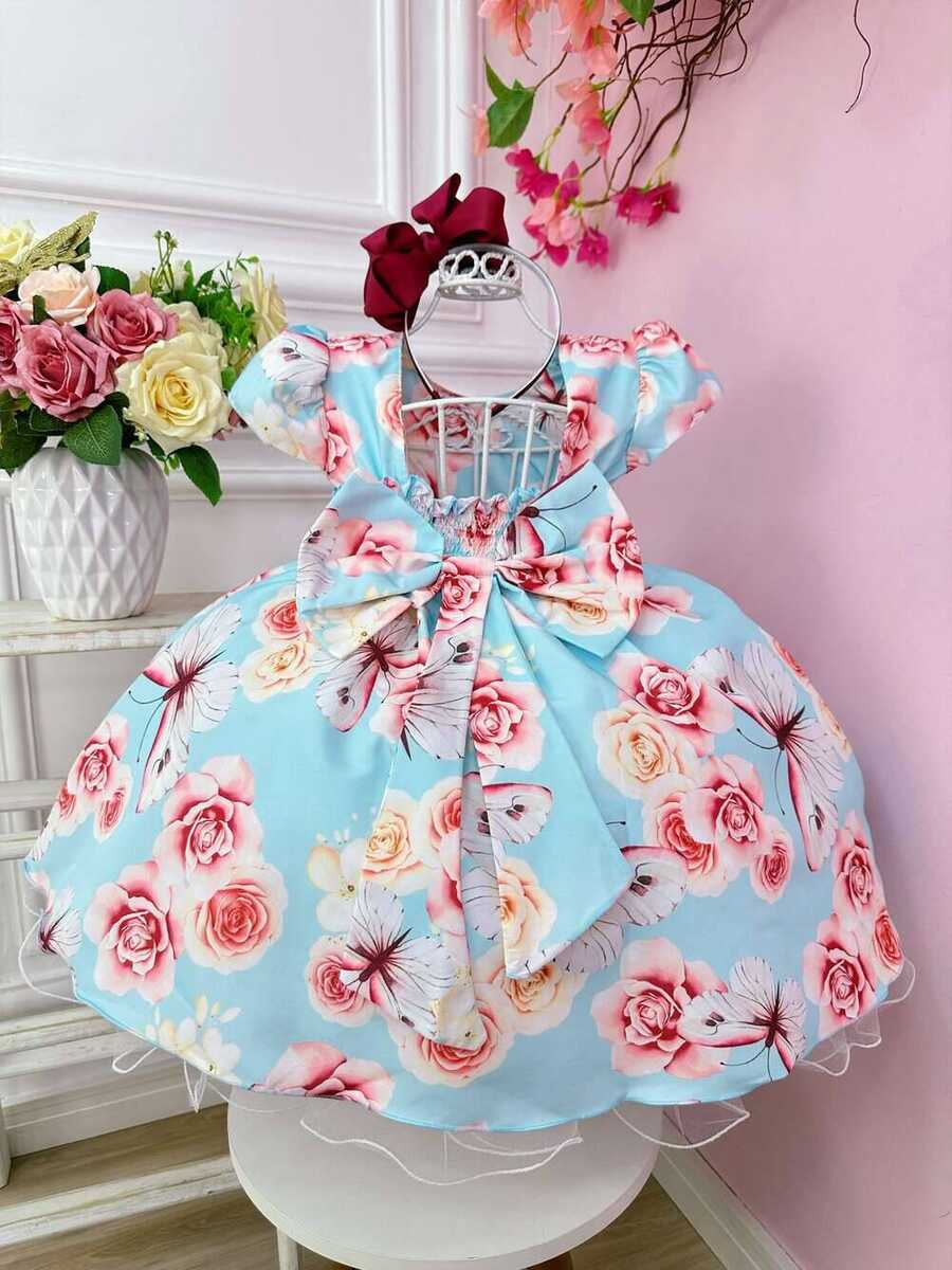 Vestido Infantil Azul Jardim das Borboletas com Pérolas